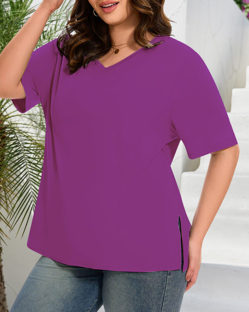 Longer Sleeve Plus Size V-Neck T-Shirt — Covers Your Arms &amp; Hides Your Belly