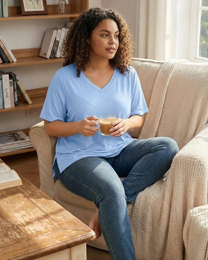 Longer Sleeve Plus Size V-Neck T-Shirt — Covers Your Arms &amp; Hides Your Belly