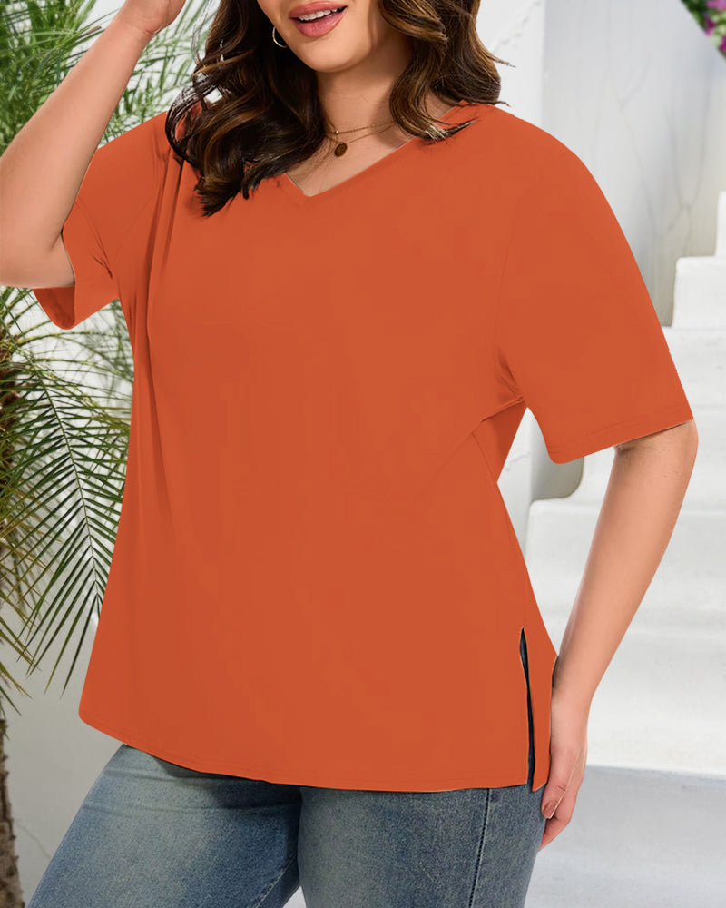Longer Sleeve Plus Size V-Neck T-Shirt — Covers Your Arms &amp; Hides Your Belly