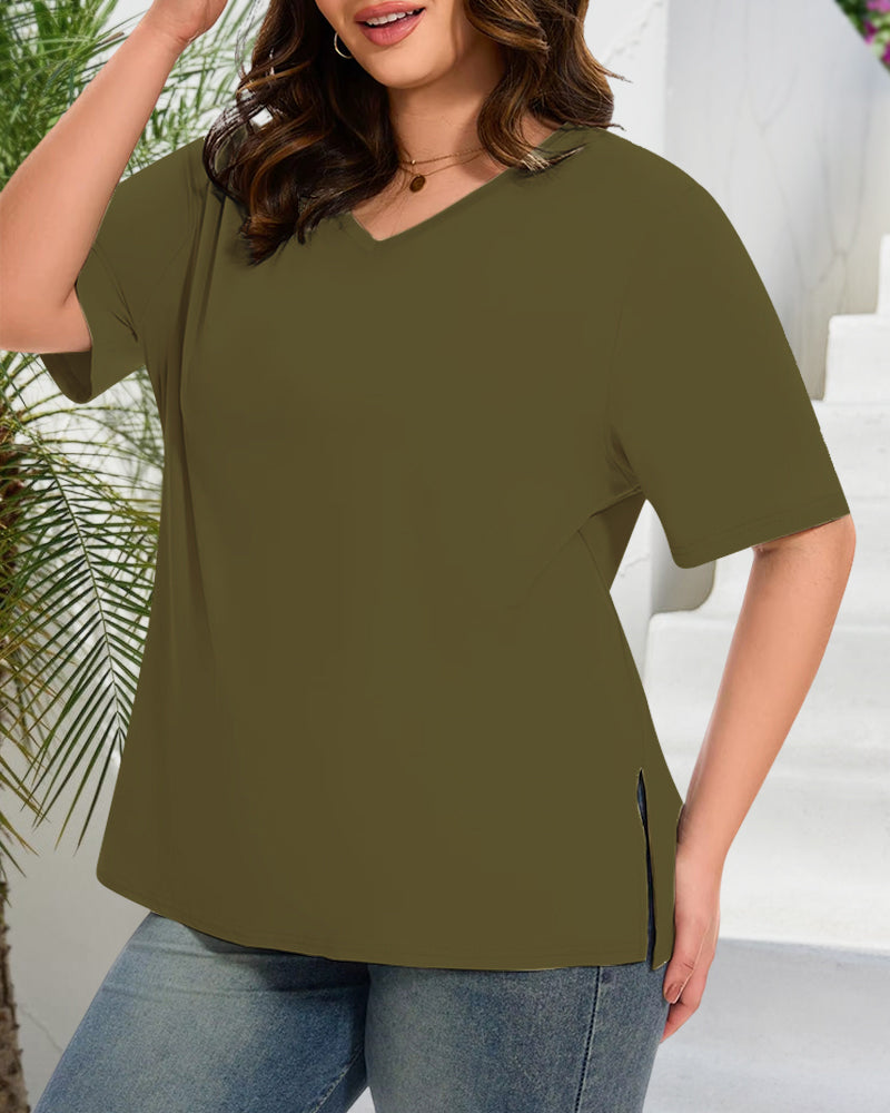 Longer Sleeve Plus Size V-Neck T-Shirt — Covers Your Arms &amp; Hides Your Belly