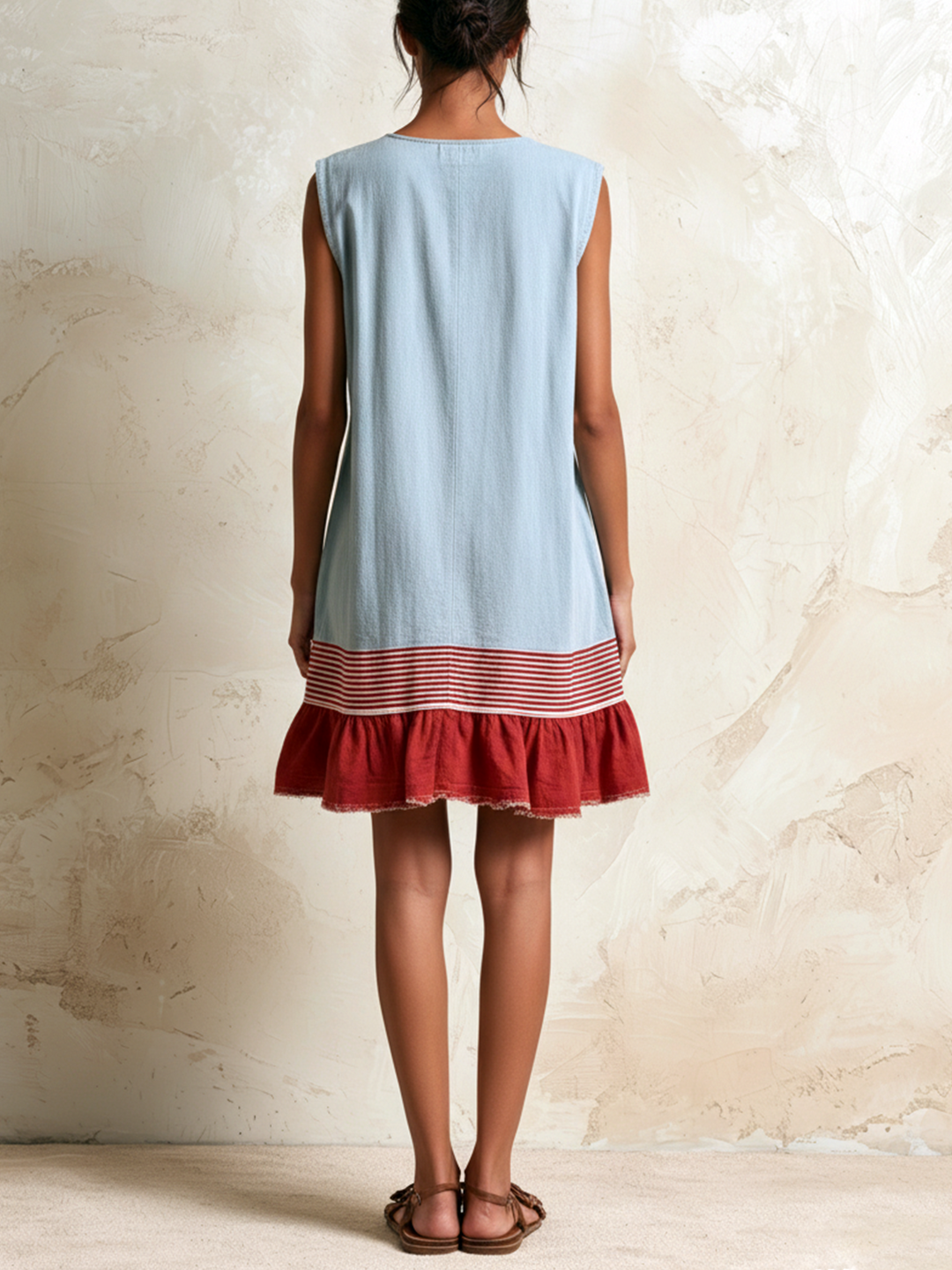 Amaya | Light blue sleeveless tunic dress with red stripe and gathered hem