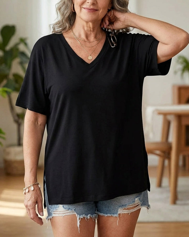 Longer Sleeve Plus Size V-Neck T-Shirt — Covers Your Arms &amp; Hides Your Belly