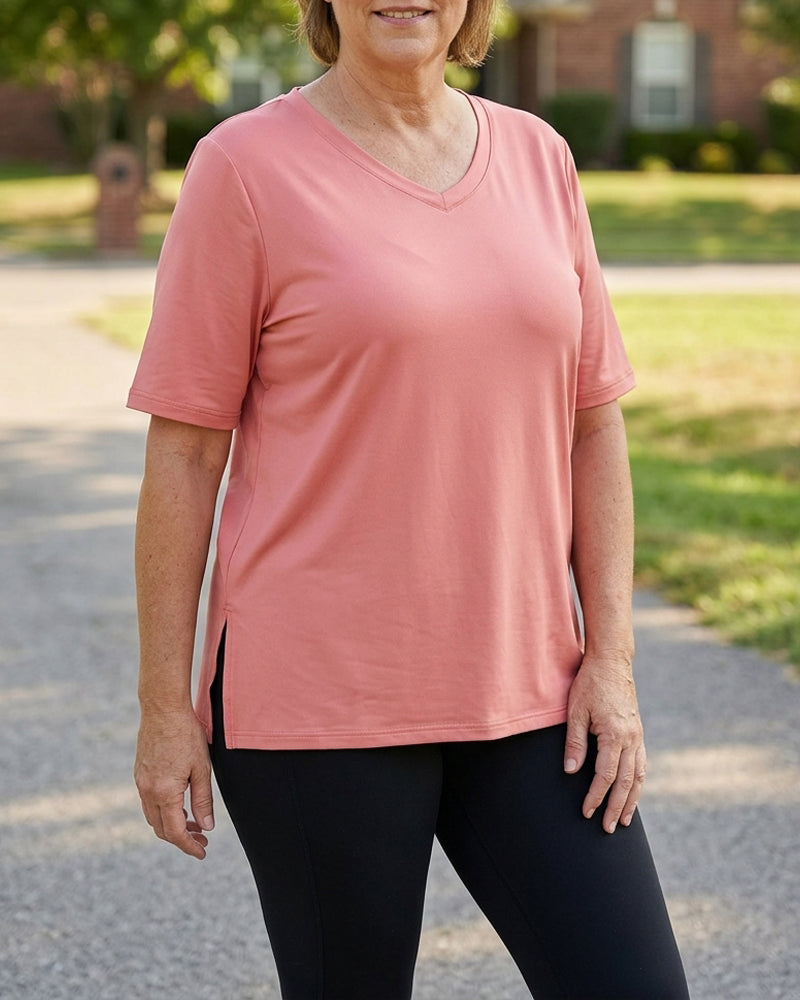 Longer Sleeve Plus Size V-Neck T-Shirt — Covers Your Arms &amp; Hides Your Belly
