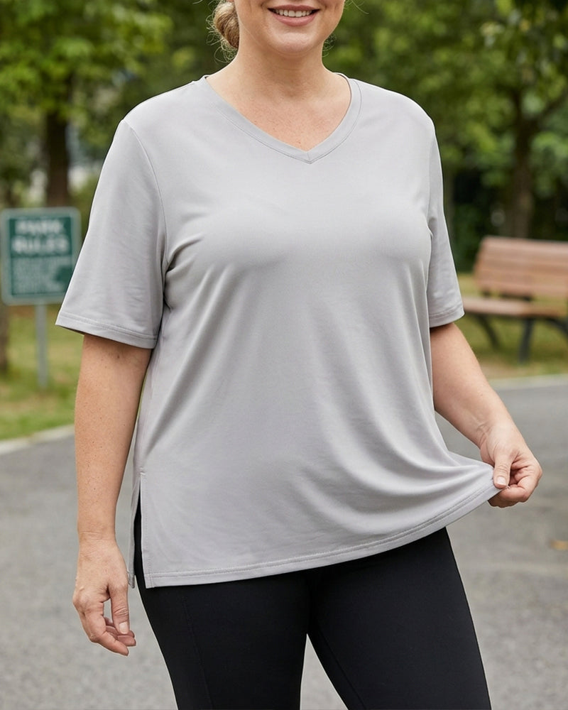 Longer Sleeve Plus Size V-Neck T-Shirt — Covers Your Arms &amp; Hides Your Belly