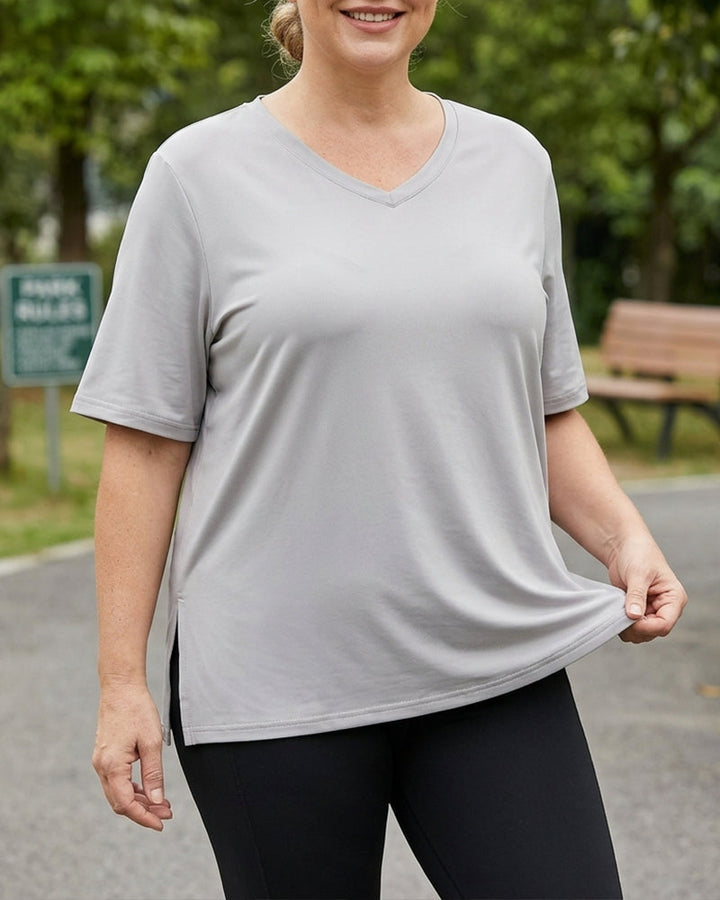 Longer Sleeve Plus Size V-Neck T-Shirt — Covers Your Arms &amp; Hides Your Belly