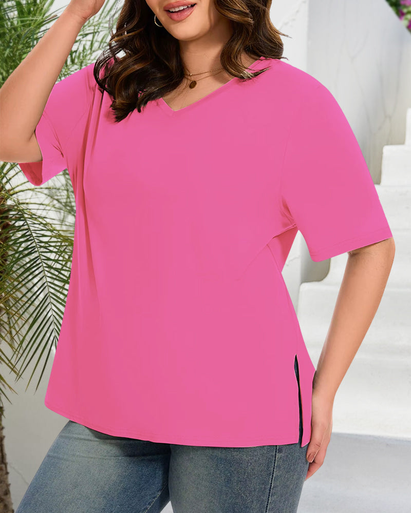 Longer Sleeve Plus Size V-Neck T-Shirt — Covers Your Arms &amp; Hides Your Belly