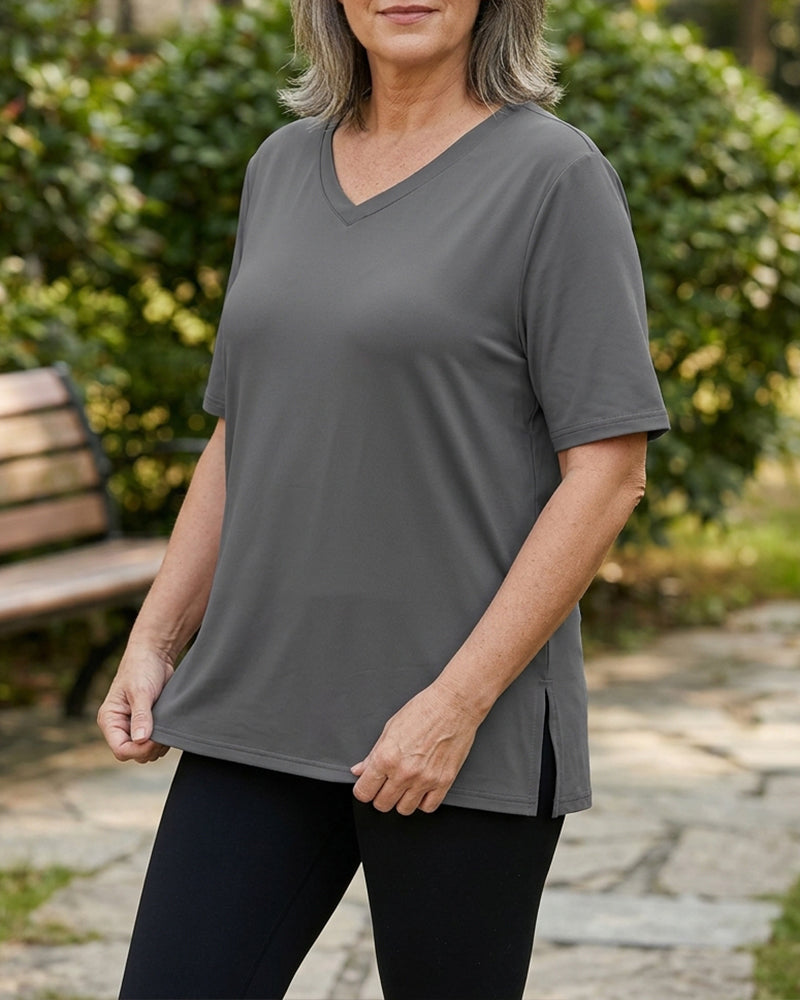 Longer Sleeve Plus Size V-Neck T-Shirt — Covers Your Arms &amp; Hides Your Belly