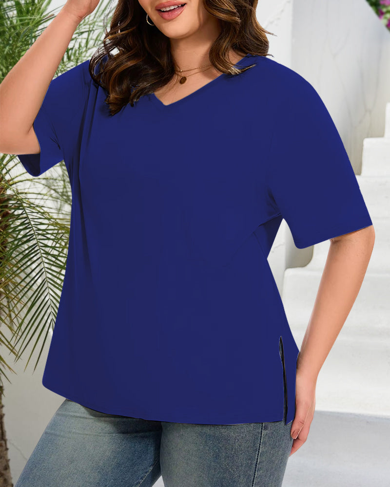 Longer Sleeve Plus Size V-Neck T-Shirt — Covers Your Arms &amp; Hides Your Belly