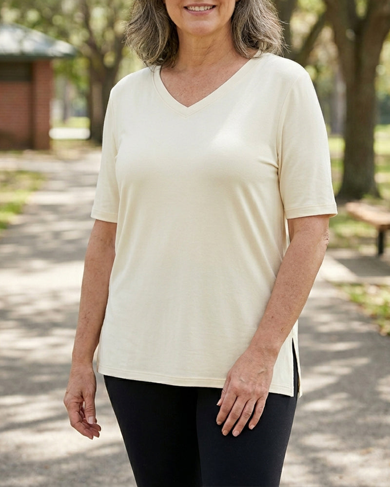 Longer Sleeve Plus Size V-Neck T-Shirt — Covers Your Arms &amp; Hides Your Belly