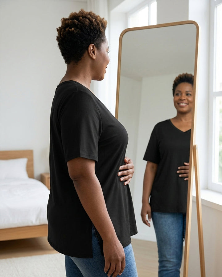 Longer Sleeve Plus Size V-Neck T-Shirt — Covers Your Arms &amp; Hides Your Belly