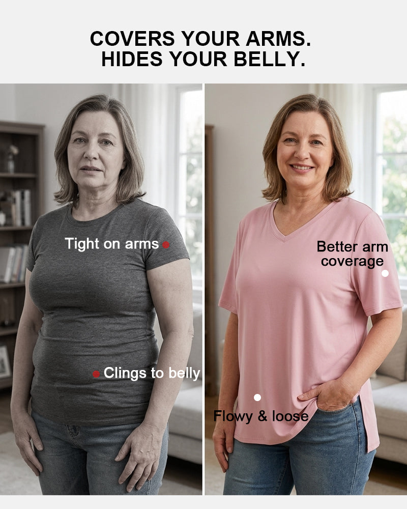 Longer Sleeve Plus Size V-Neck T-Shirt — Covers Your Arms &amp; Hides Your Belly