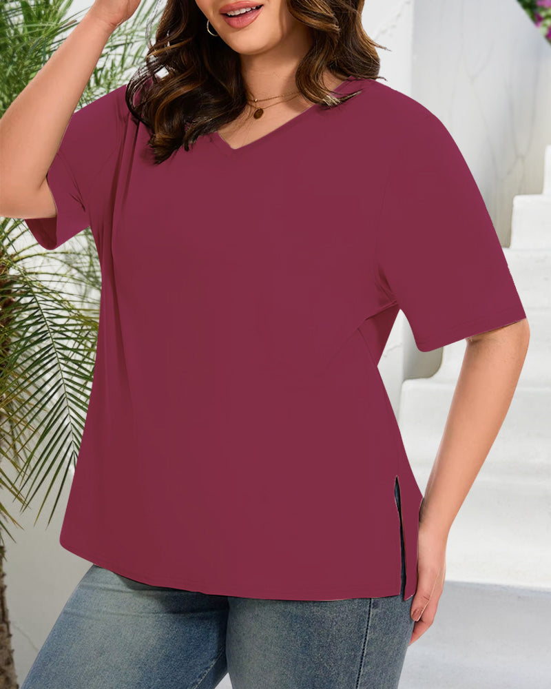 Longer Sleeve Plus Size V-Neck T-Shirt — Covers Your Arms &amp; Hides Your Belly