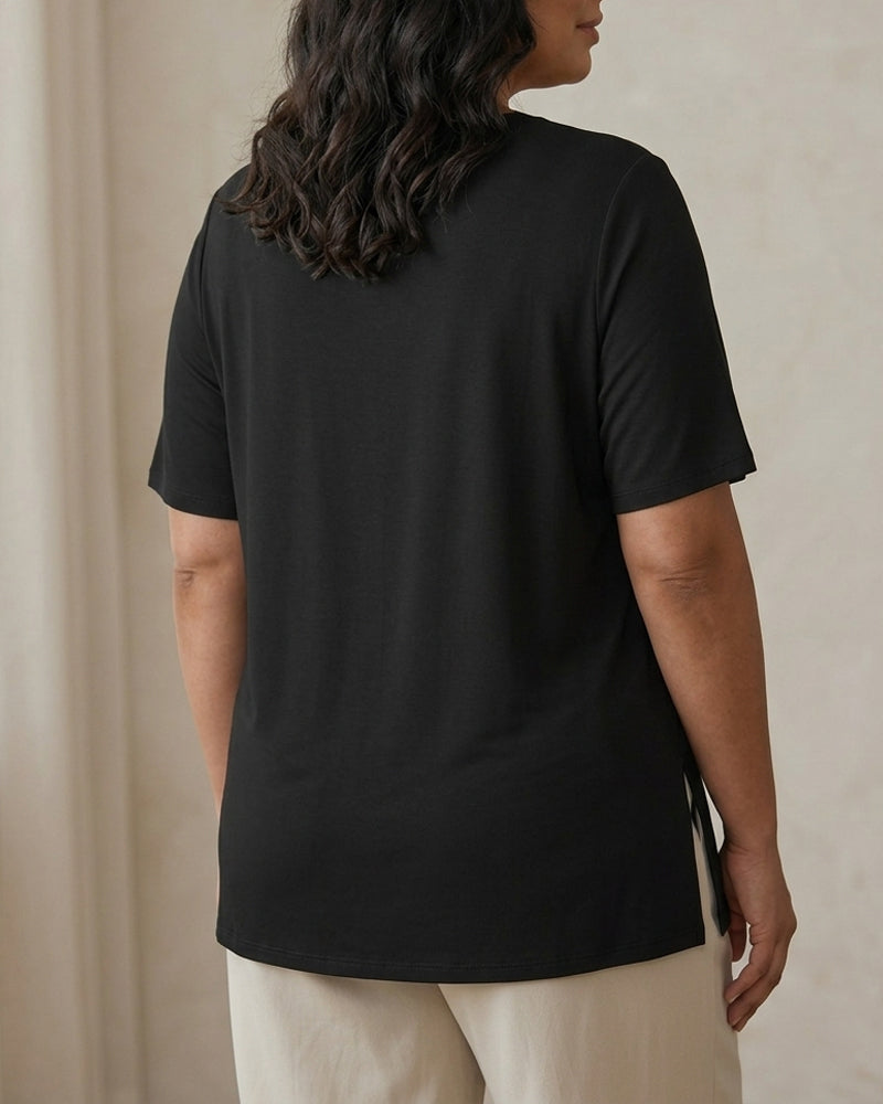 Longer Sleeve Plus Size V-Neck T-Shirt — Covers Your Arms &amp; Hides Your Belly