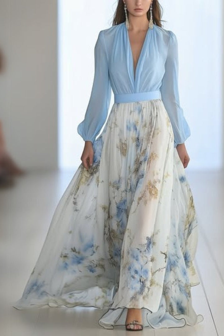 Blue Floral Maxi Dress | Long-Sleeve Top For Wedding Guests