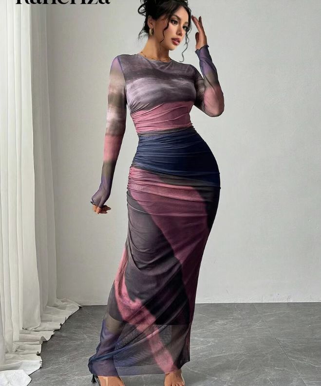 TORINA | Printed Long Sleeve Round Neck Bodycon Maxi Dress