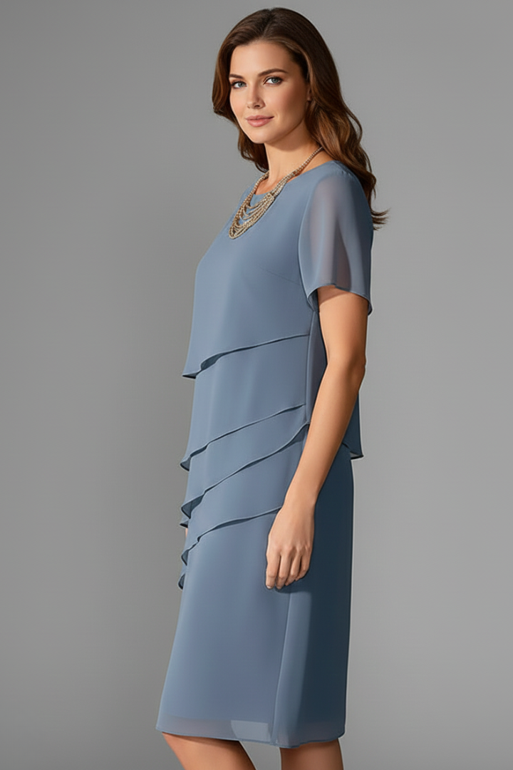 Women’s Short Sleeve Dress with Layered Front and Straight Hem