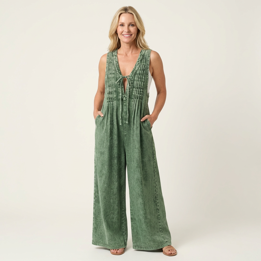 Griselda | Pleated Wide-Leg Denim Jumpsuit