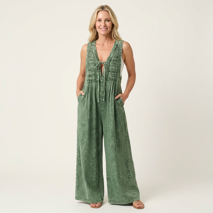 Griselda | Pleated Wide-Leg Denim Jumpsuit