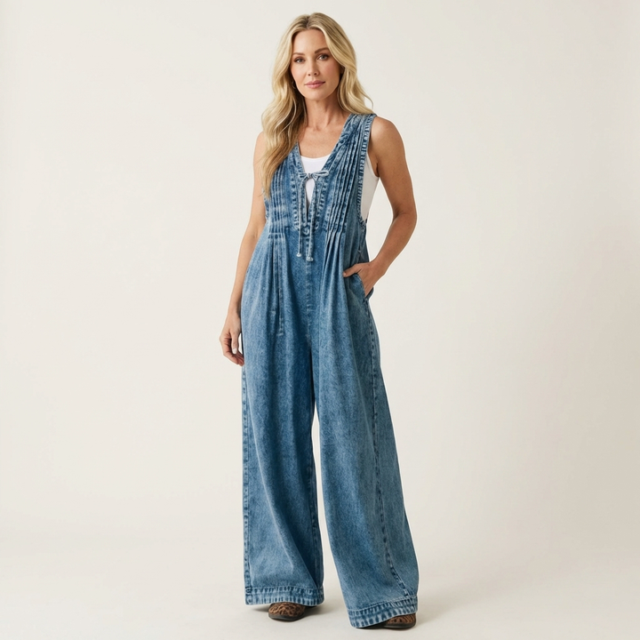 Griselda | Pleated Wide-Leg Denim Jumpsuit