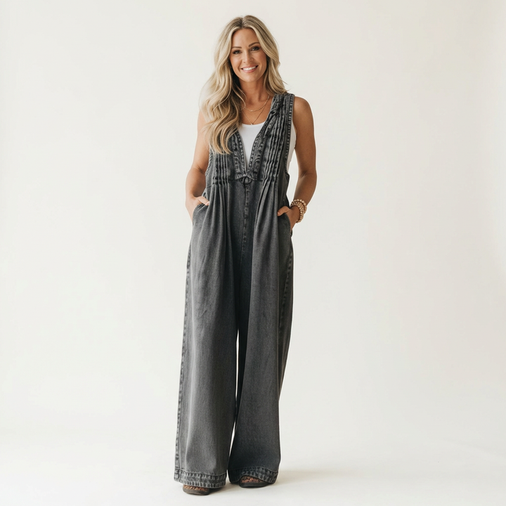 Griselda | Pleated Wide-Leg Denim Jumpsuit
