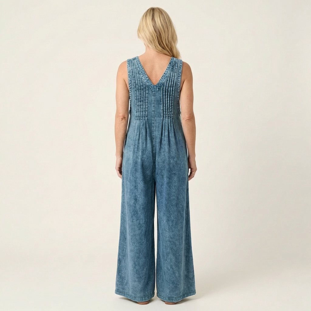 Griselda | Pleated Wide-Leg Denim Jumpsuit