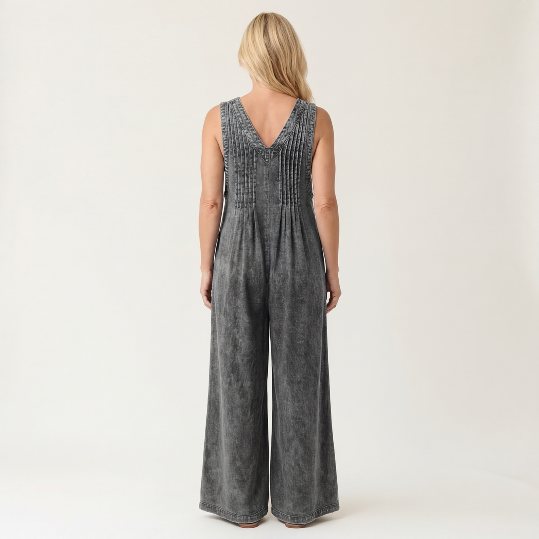 Griselda | Pleated Wide-Leg Denim Jumpsuit