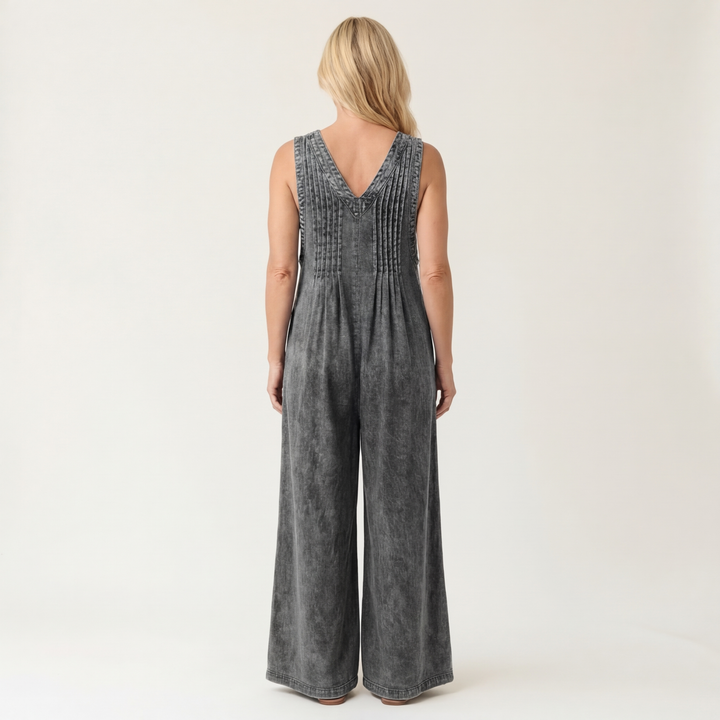 Griselda | Pleated Wide-Leg Denim Jumpsuit