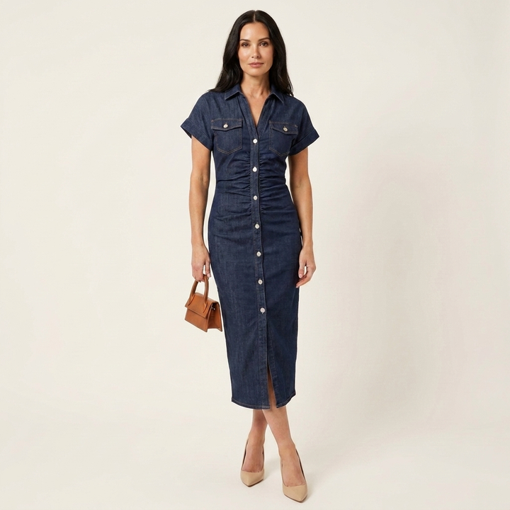 Maya | Midi Denim Bodycon Dress with Front Buttons
