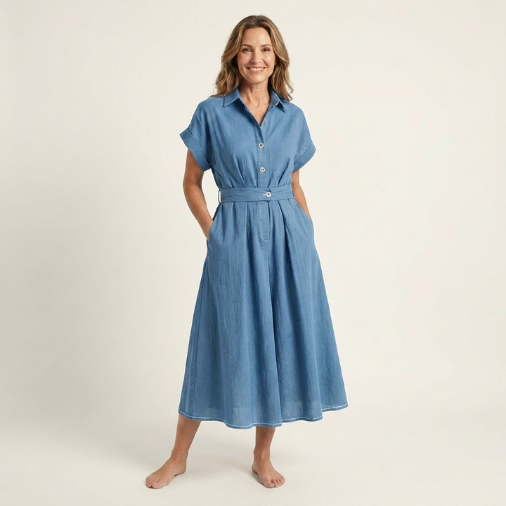 Melody | Denim Midi Button-Up Dress with Belt