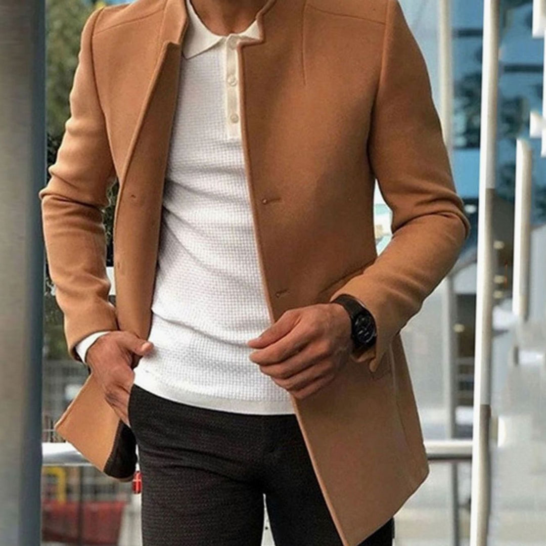 Men's Slim Fit Collarless Tailored Winter Coat - Khaki