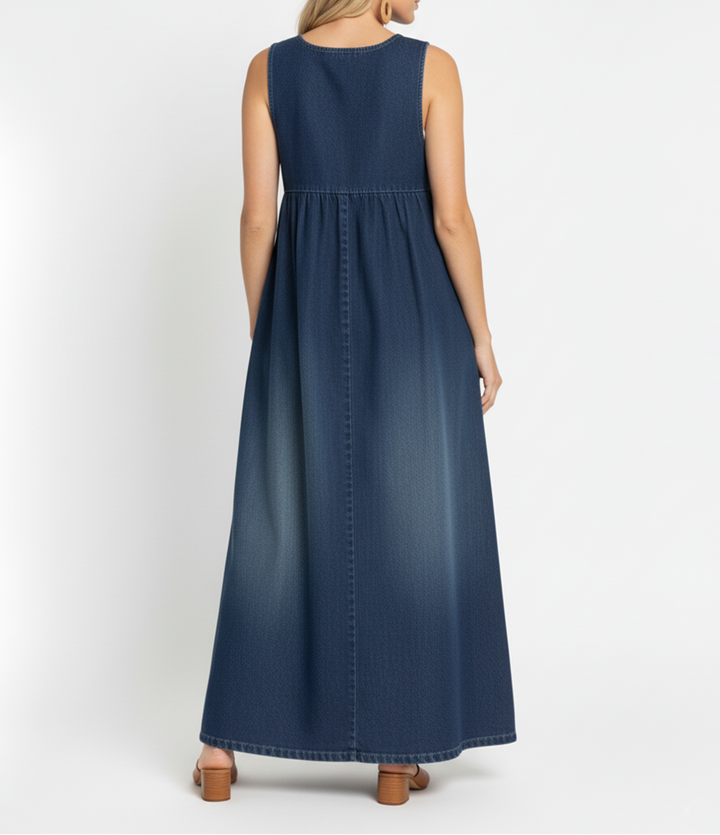 Karen | Vintage-Inspired Washed Denim Maxi Dress with Soft Cotton Accents