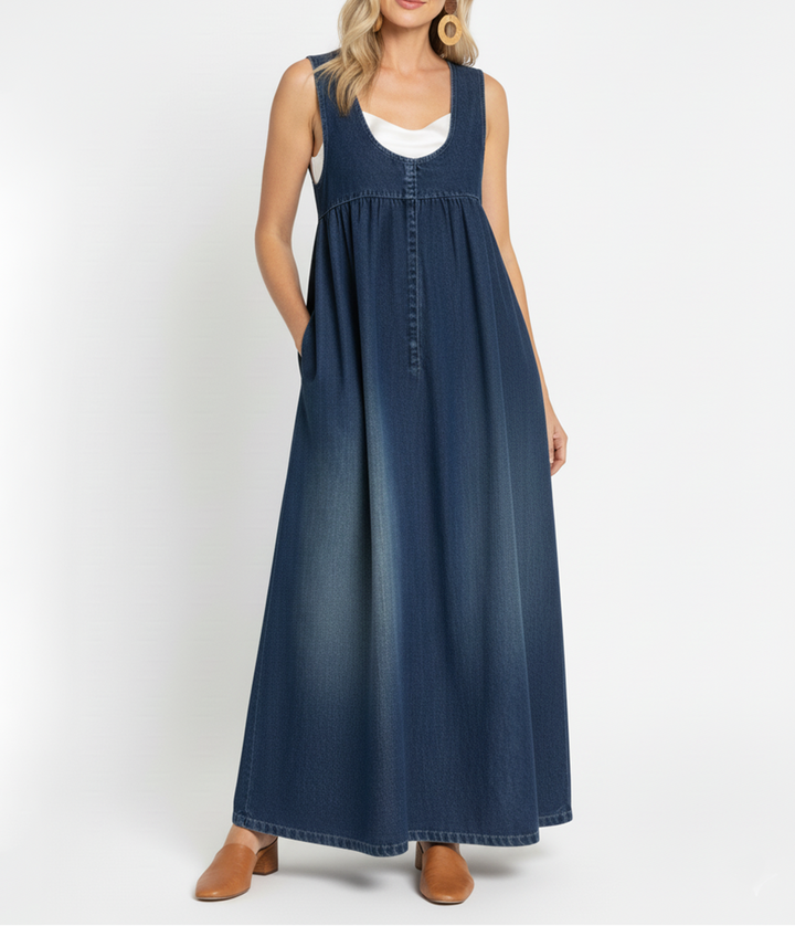 Karen | Vintage-Inspired Washed Denim Maxi Dress with Soft Cotton Accents