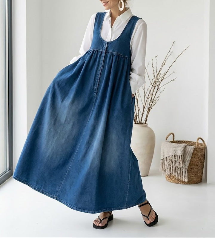 Karen | Vintage-Inspired Washed Denim Maxi Dress with Soft Cotton Accents