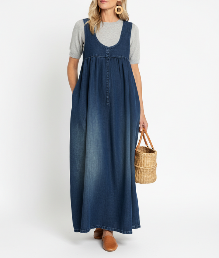 Karen | Vintage-Inspired Washed Denim Maxi Dress with Soft Cotton Accents
