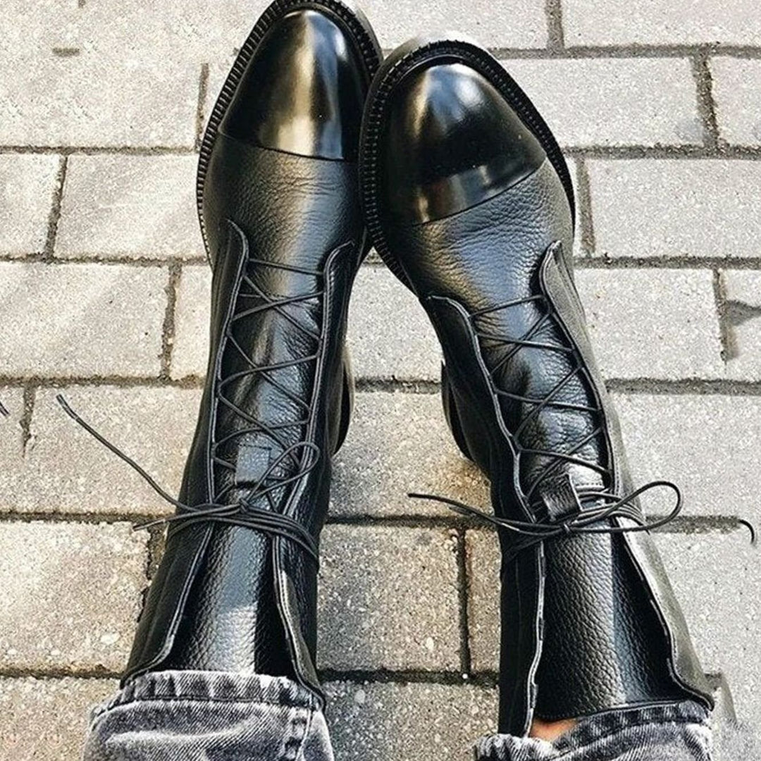 Women's Black Leather Lace-Up Ankle Boots - Black