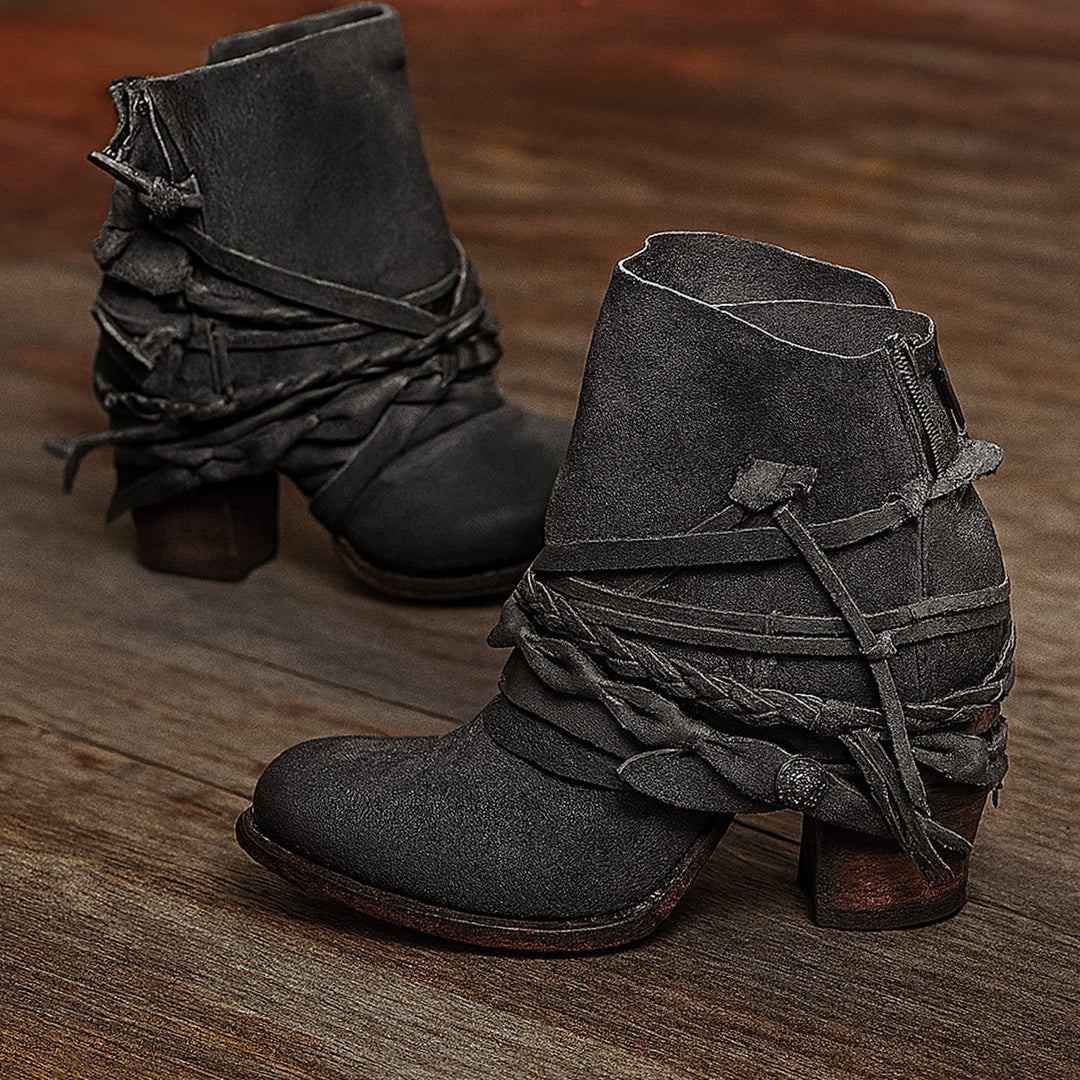 Women's Boho Western Wraparound Strap Heeled Ankle Boots - Grey