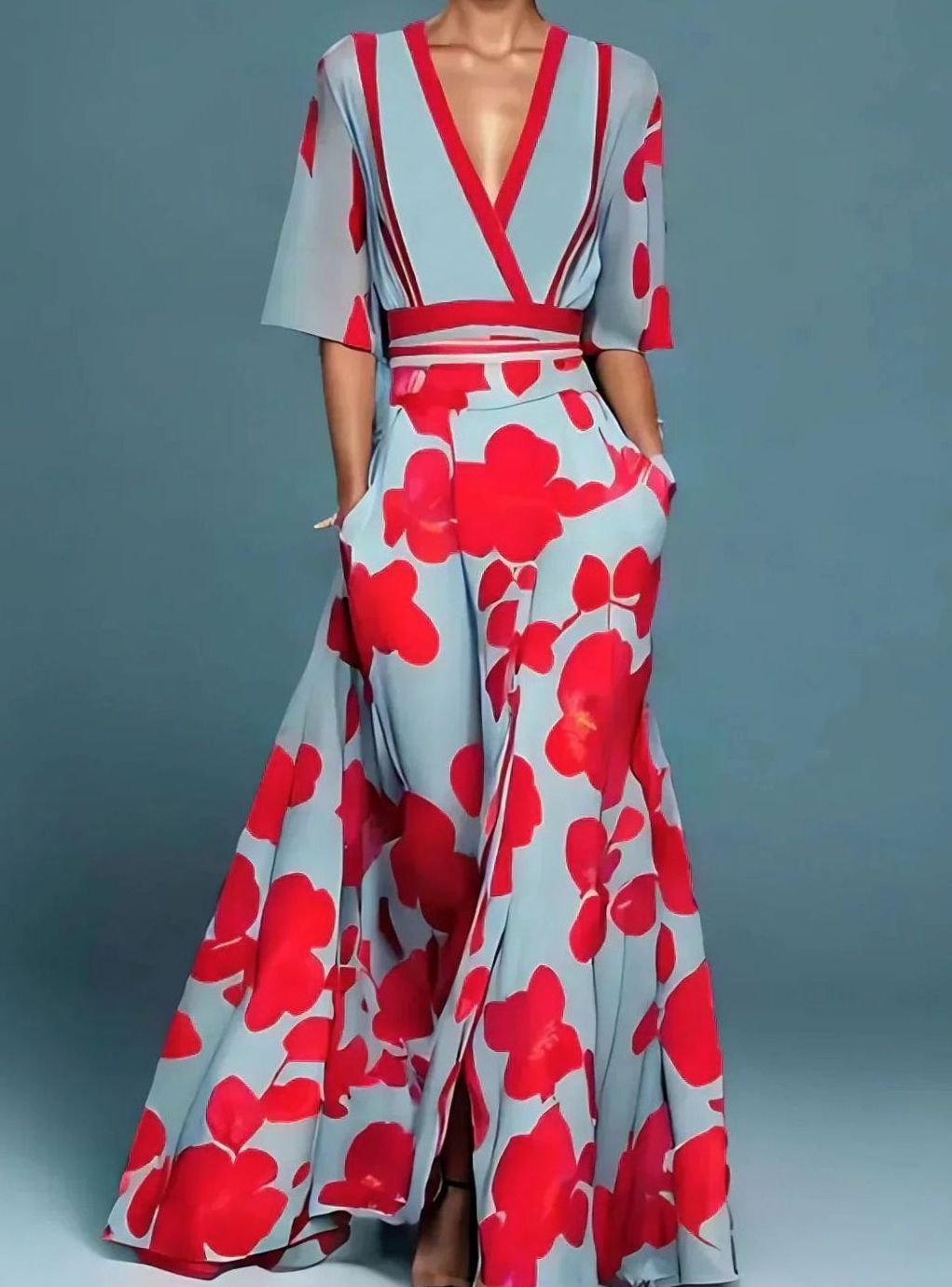 Women's Bold Floral Maxi Flowing Dress Deep V-Neck - Red
