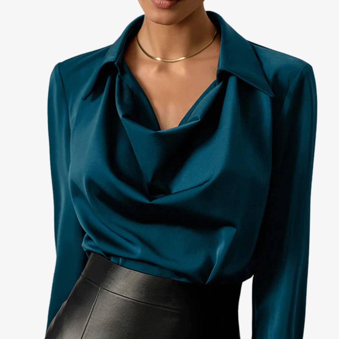 Women's Drape Cowl Neck Long Sleeve Satin Blouses