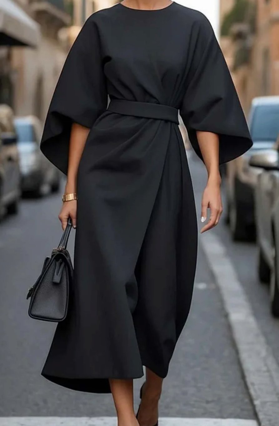 Women's Elegant Dress Belted Kimono-Sleeve Formal Midi