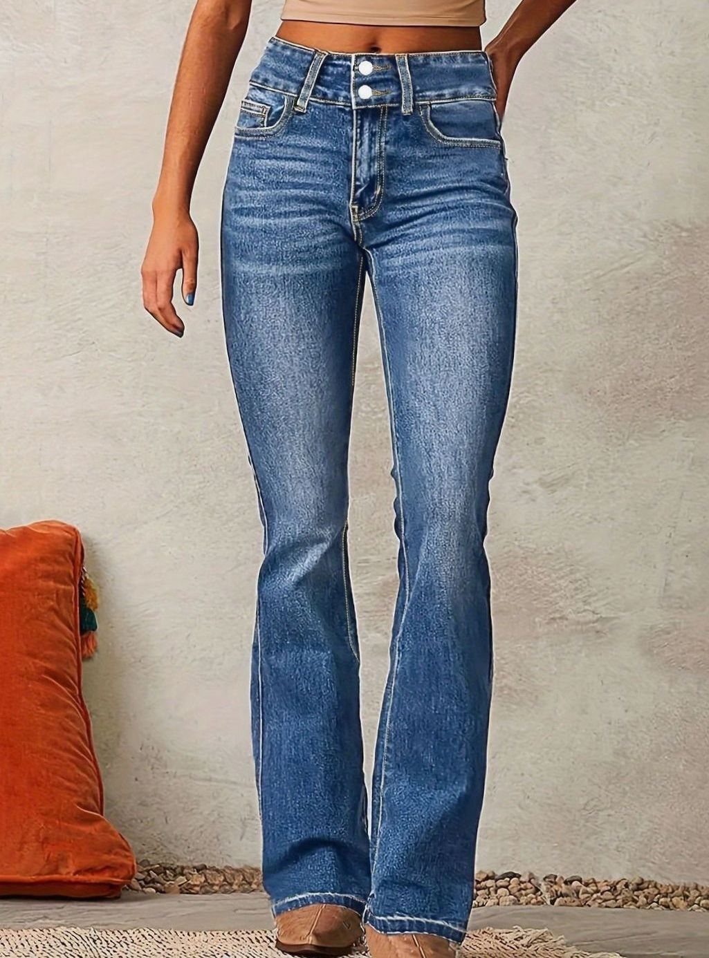 Women's High-Waist Flare Leg Washed Denim Bootcut Pants - Sea Blue