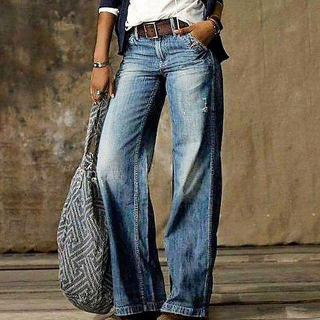 Women's High-Waisted Wide-Leg Jeans Relaxed Fit Denim Trousers - Light Blue