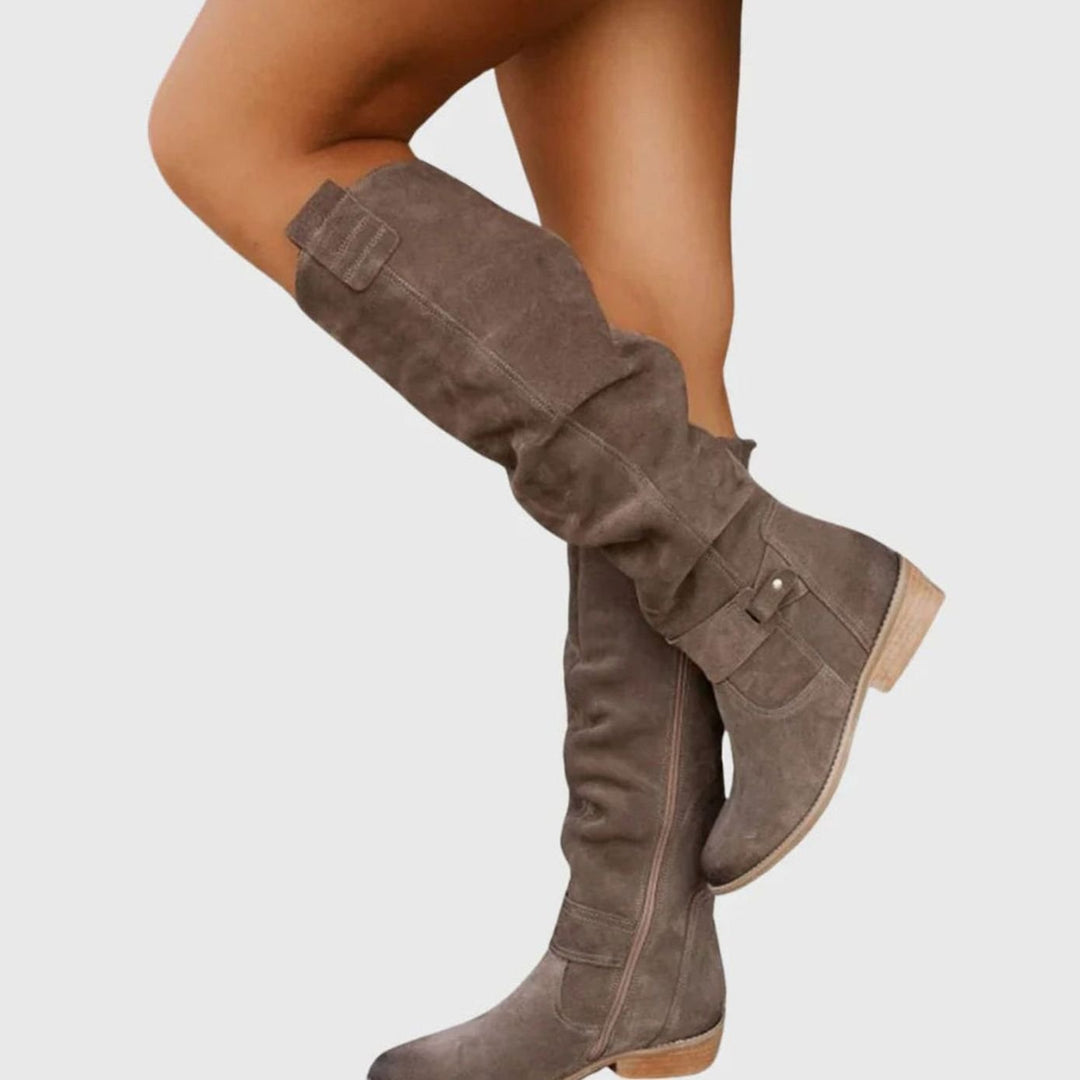 Women's Knee-High Zip Up Suede Slouch Zipper Boots - Grey