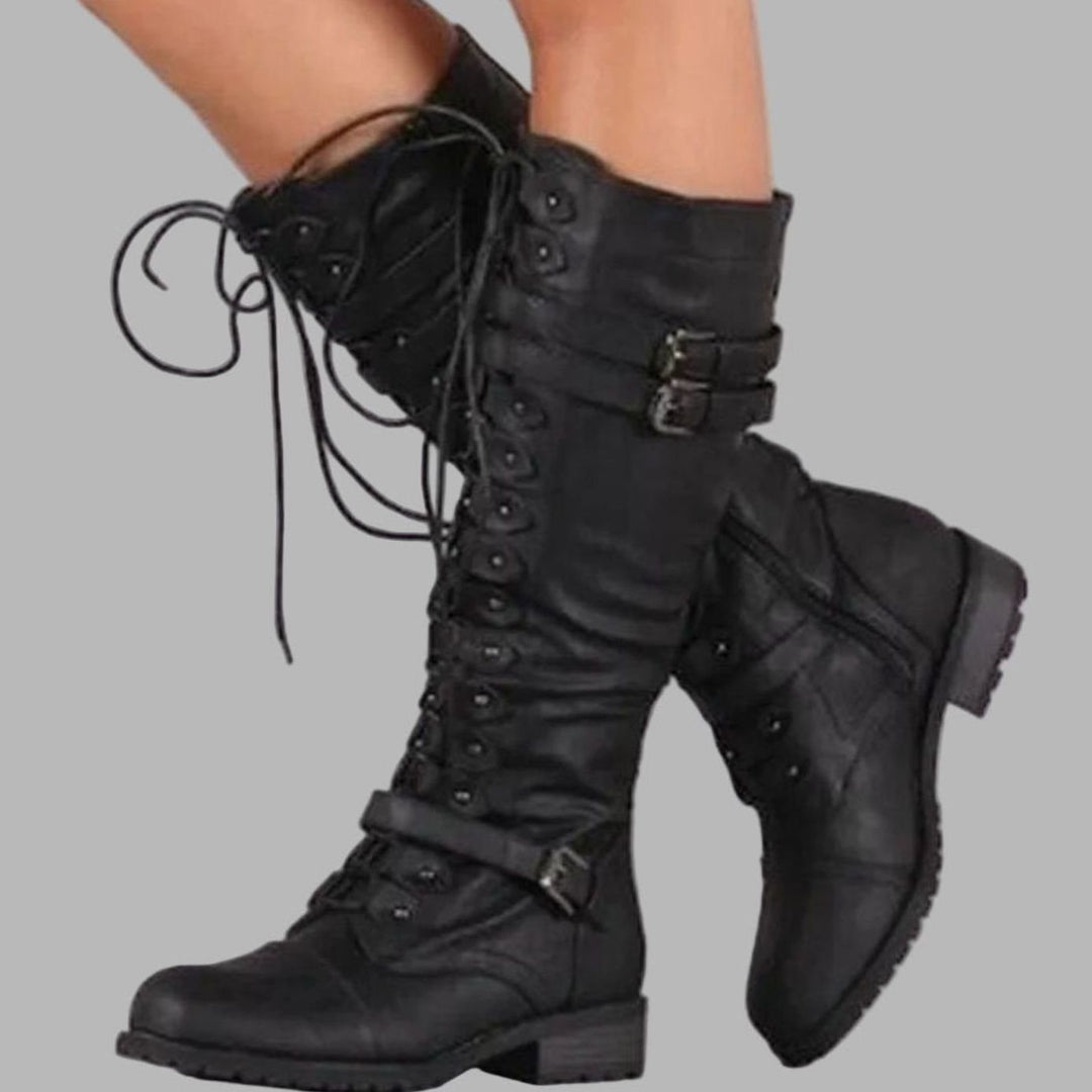 Women's Lace-Up Knee-High Combat Boots Buckle Strap - Black