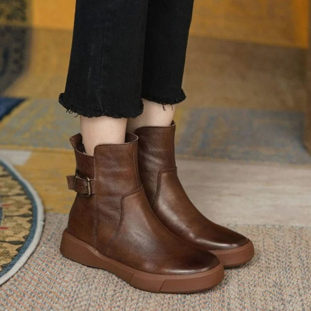 Women's Leather Buckle-Detail Flat Platform Ankle Boots - Brown