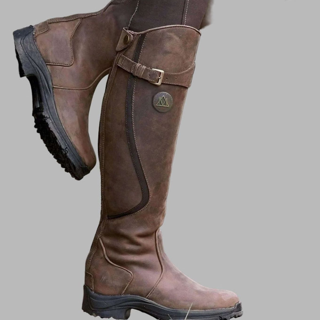 Women's Leather Knee-High Hiking Boots Buckle Strap - Dark Brown