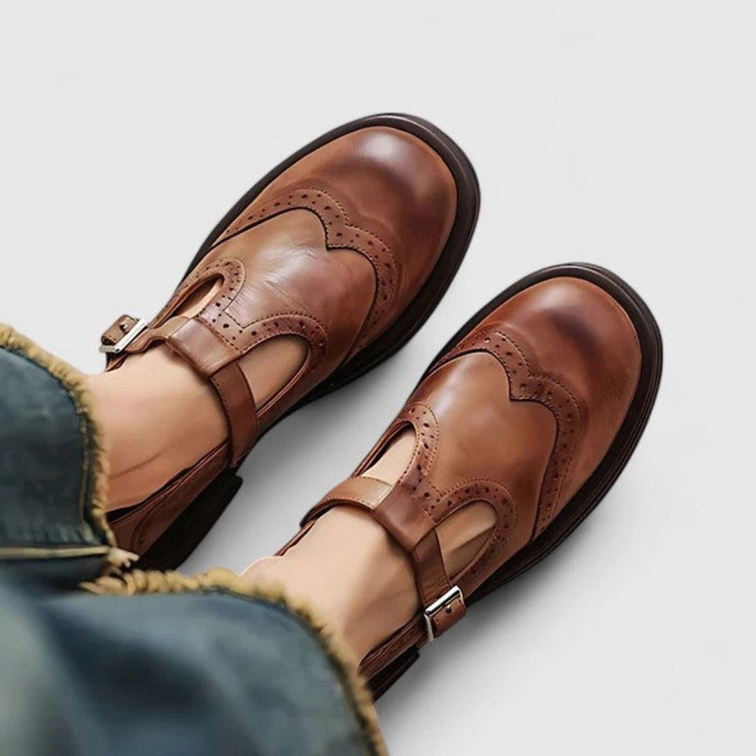 Women's Leather T-Strap Shoes Brogue Buckle Flat Sandals - Brown