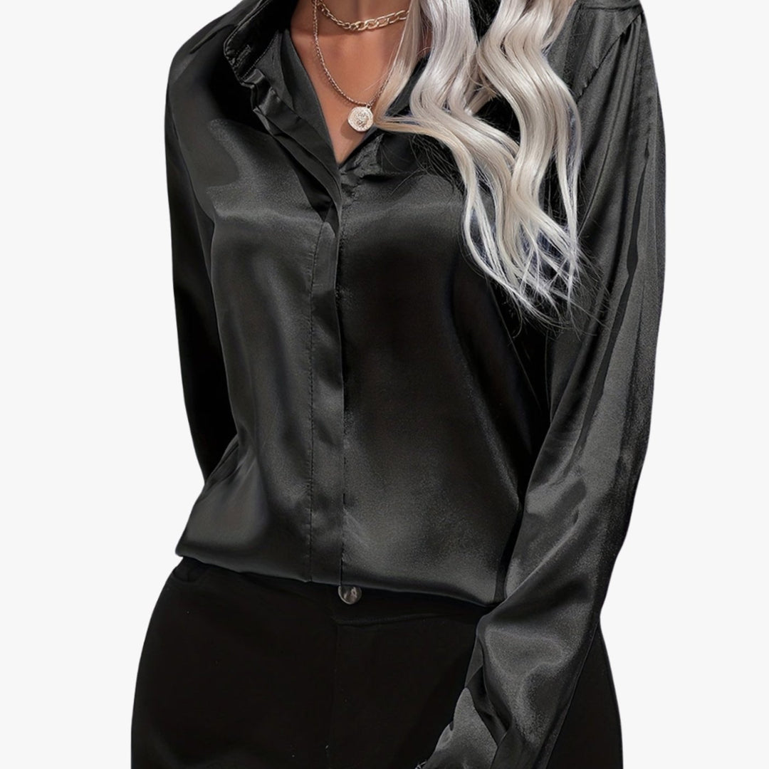 Women's Long Sleeve Button-Down Satin Blouses Shirt