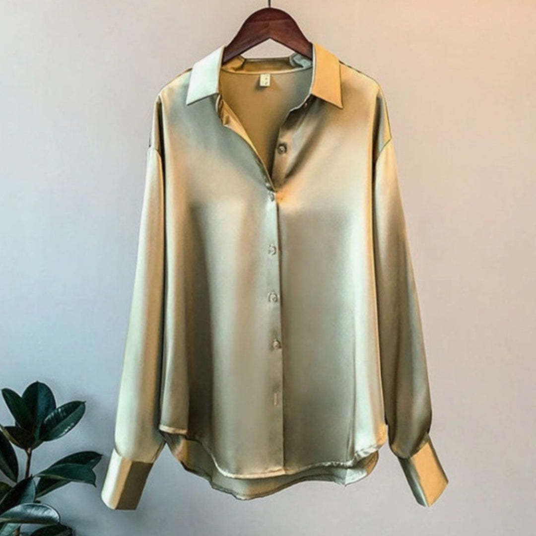 Women's Loose Fit Button-Down Satin Blouses Long Sleeve - Olive Green