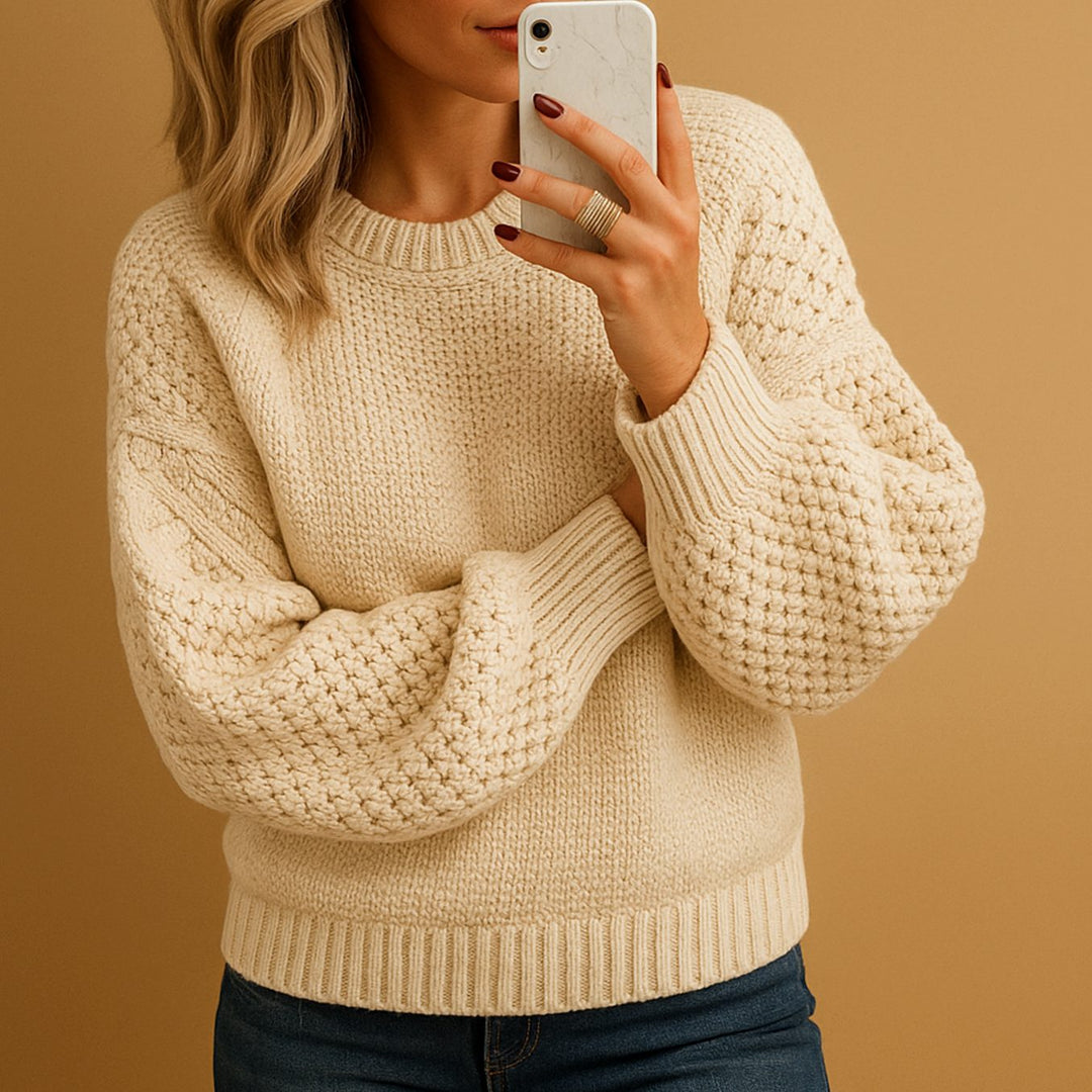 Women's Relaxed-Fit Textured Knit Sweater Cosy Crew-Neck Jumper - Beige