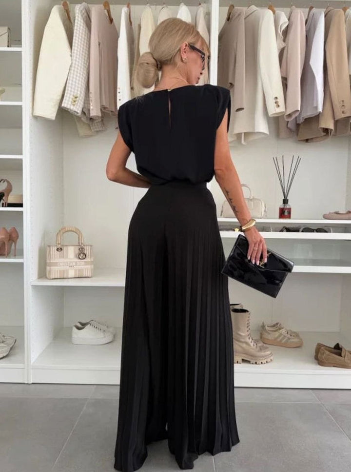 Womens Set Pleated Wide-Leg Trousers Padded-Shoulder Top Two-Piece